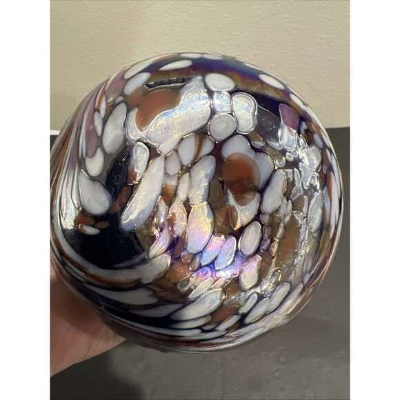 Art Glass Globe Vase with Purple Blue Brown Swirls Sphere Vintage - Picture 14 of 15